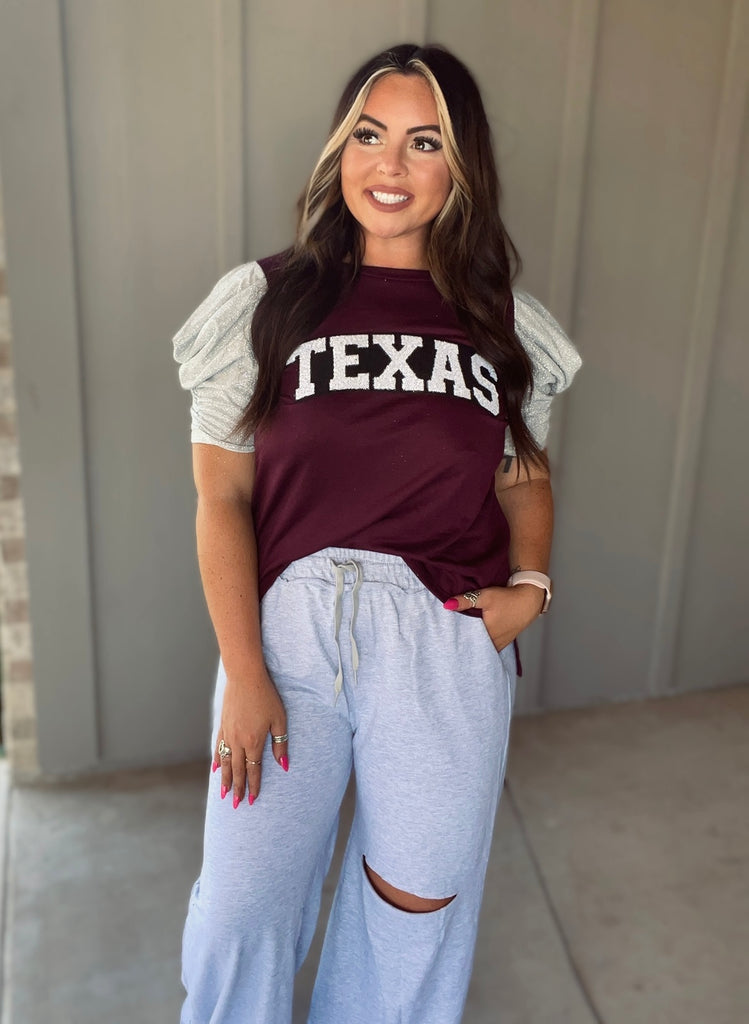 Texas Gameday Sparkling Puff Sleeve Top