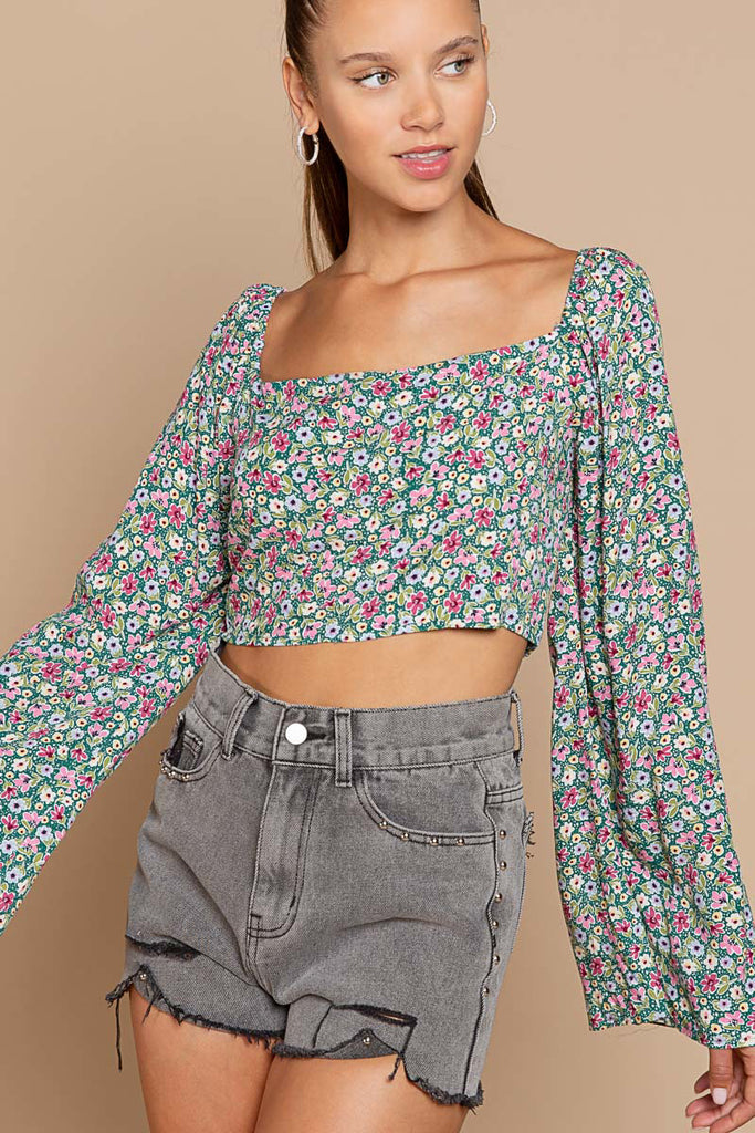 Floral Bell Sleeve Cropped Blouse