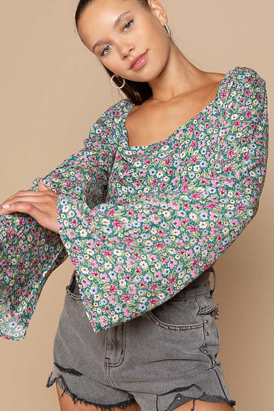 Floral Bell Sleeve Cropped Blouse